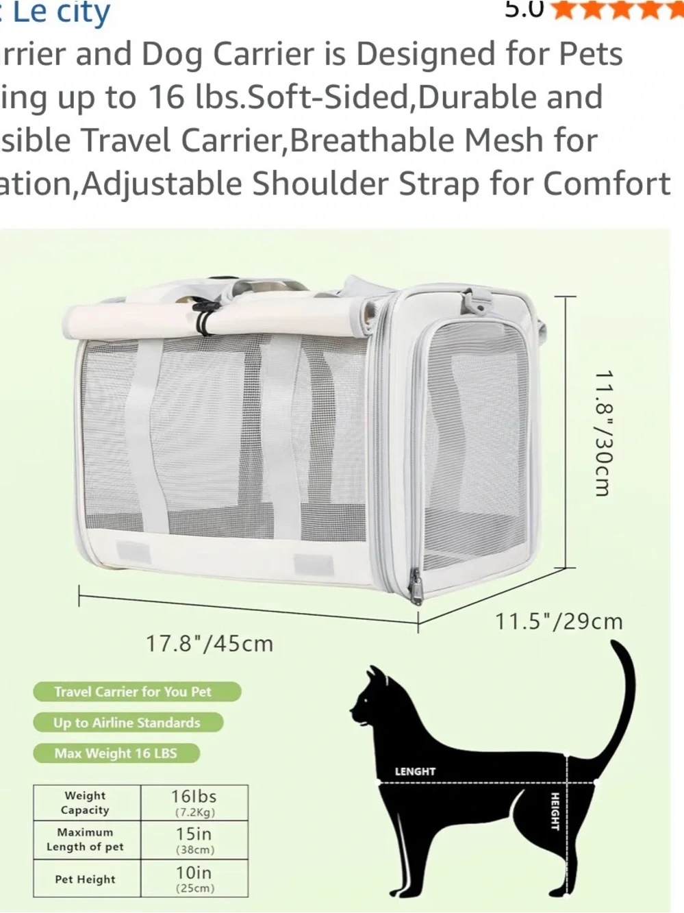 Soft-Sided White Cat & Small Dog Travel Carrier with Mesh Ventilation